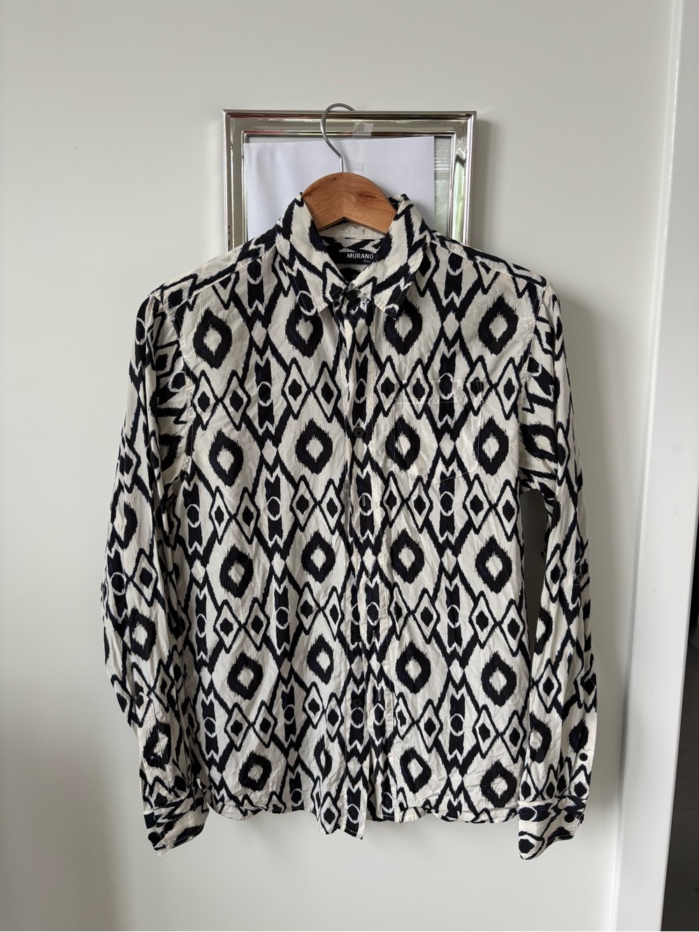 Murano Black and White Ikat Print Silk-Cotton Shirt